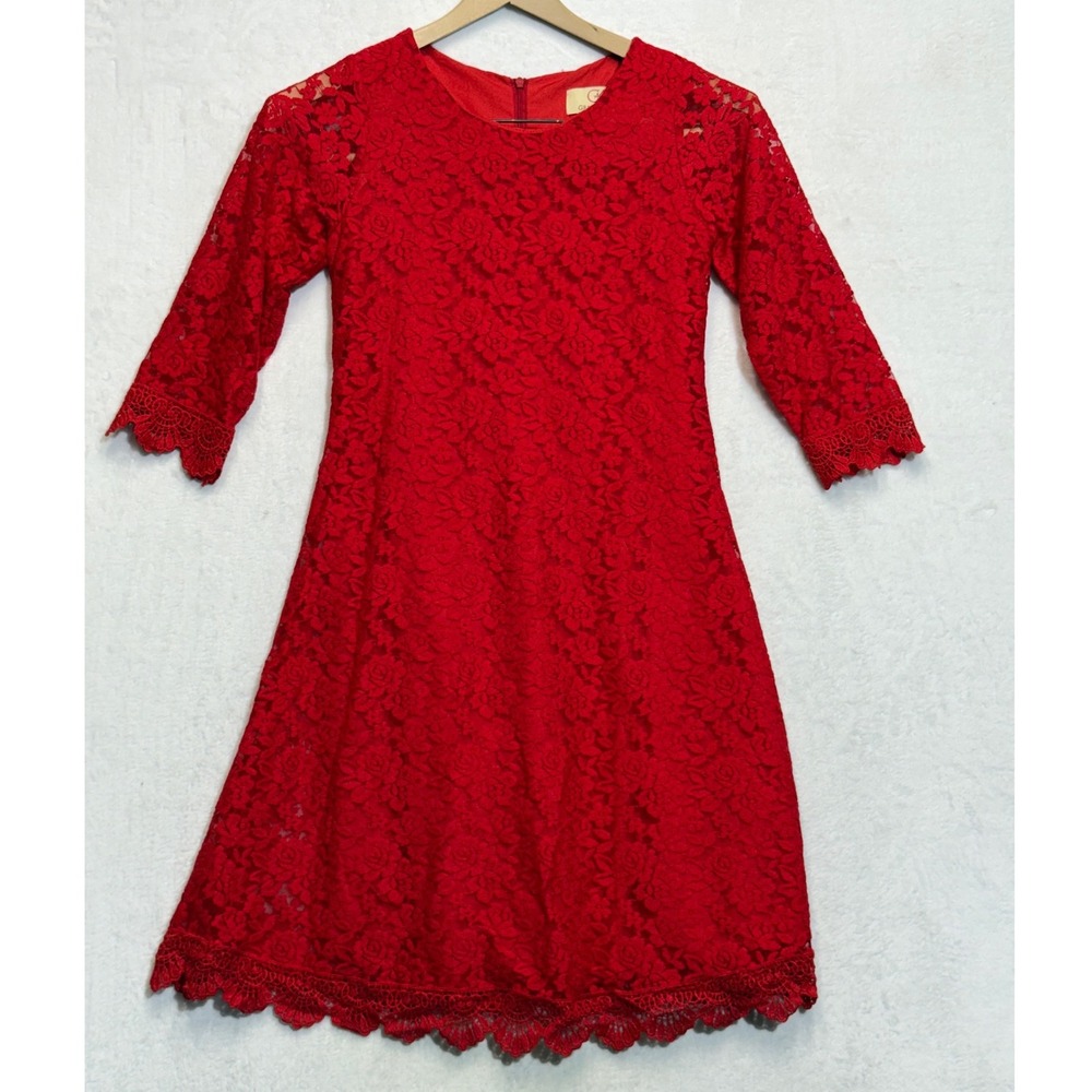 Grace Karin Red Floral Lace 3/4 Sleeve A-Line Cocktail Dress Womens 11 Medium